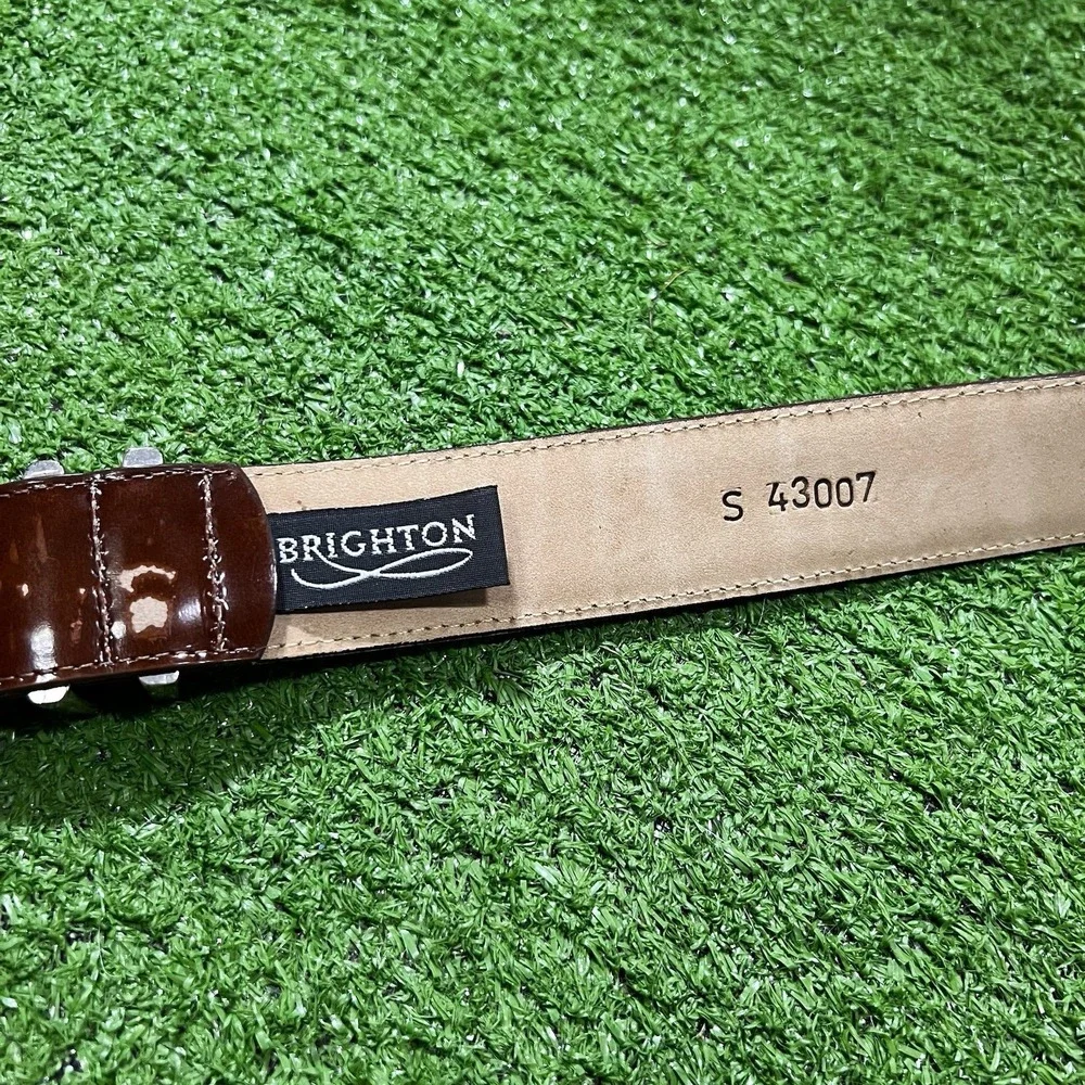 Vintage‎ BRIGHTON Belt Women's SM Brown LEATHER 90s SILVER Brass Buckle 27